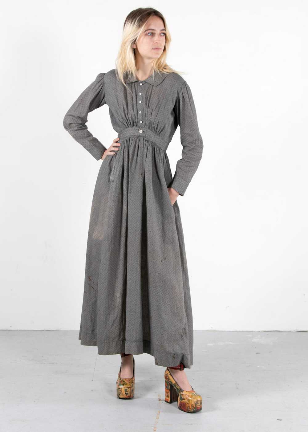 Antique 1900's Grey Calico Dress Long Sleeve Floo… - image 1