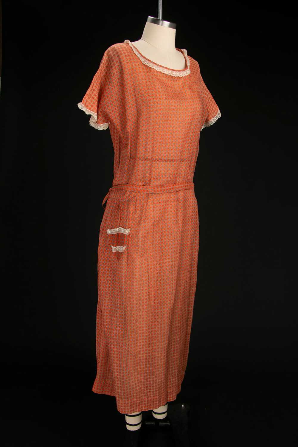 Early Vintage 1920's Orange Cotton Drop Waist Dre… - image 9