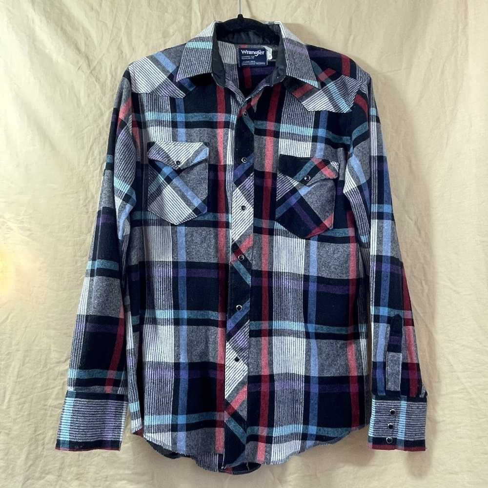 Wrangler Vintage 90s wrangler Blue black plaid fl… - image 1