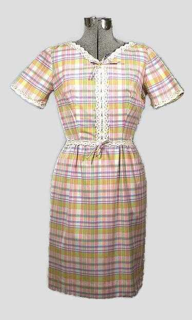 Vintage Plaid Spring Pastel Cotton Sheath Dress - image 1