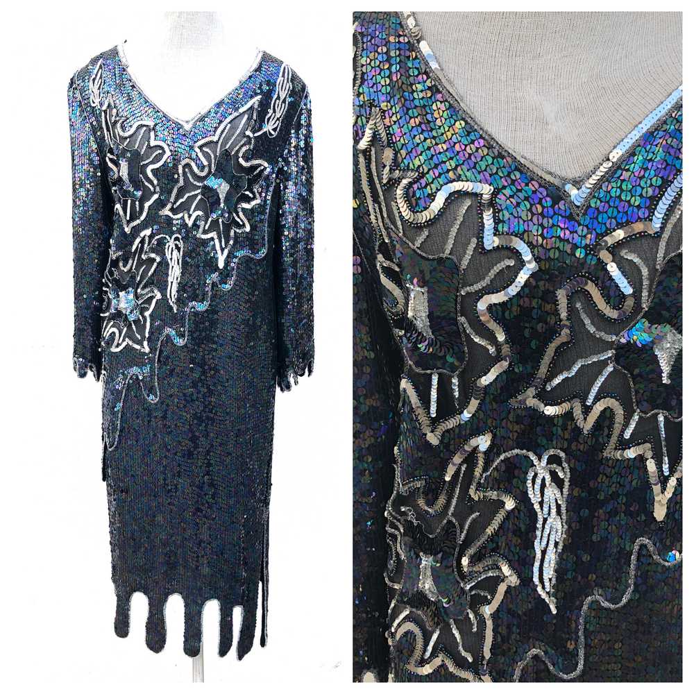 Vintage VTG 80s 1980s does 20s Silk Sequin Flappe… - image 1
