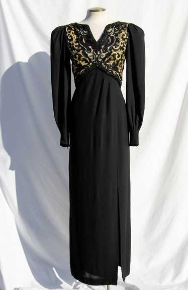 RICHILENE VINTAGE 1980S BLACK AND GOLD BEADED AND 