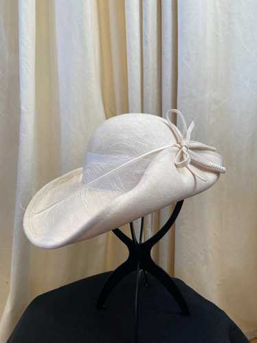 Vintage cream wide brim hat with rhinestone bow an