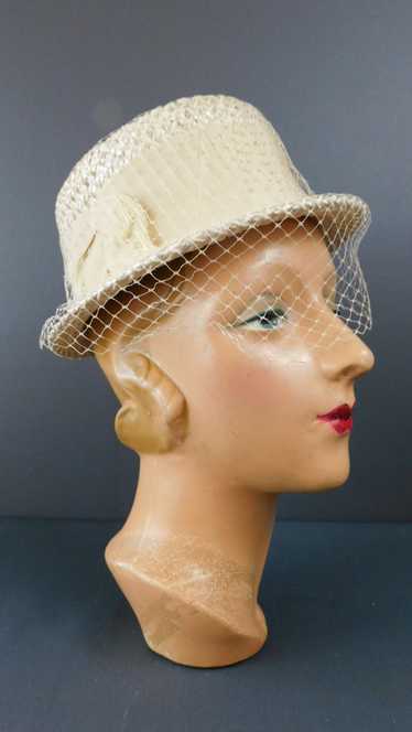 Vintage Ivory Summer Straw Hat with Veil, 1960s 2… - image 1