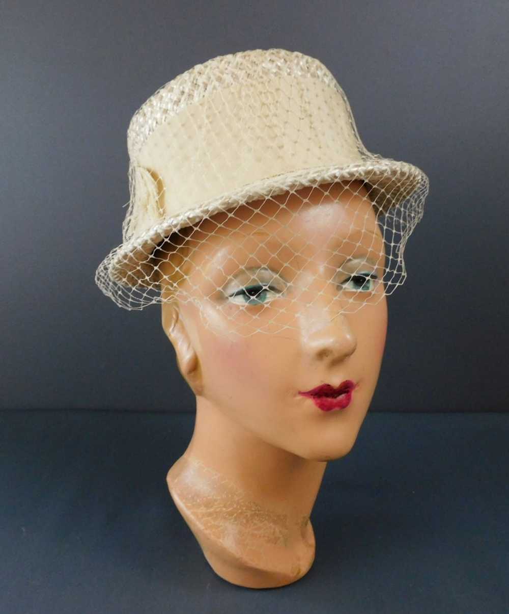 Vintage Ivory Summer Straw Hat with Veil, 1960s 2… - image 2