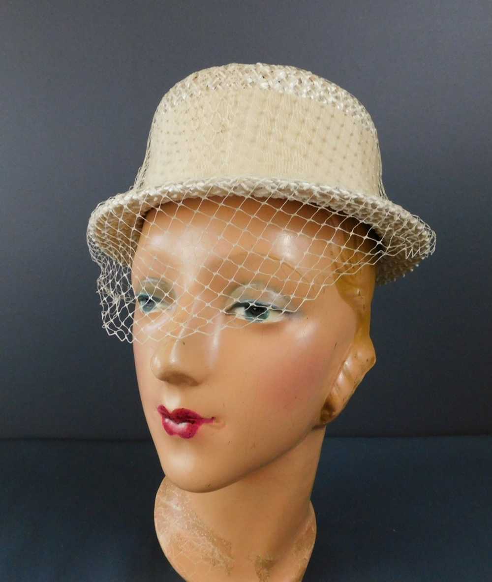 Vintage Ivory Summer Straw Hat with Veil, 1960s 2… - image 3