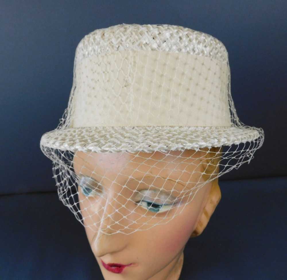 Vintage Ivory Summer Straw Hat with Veil, 1960s 2… - image 7