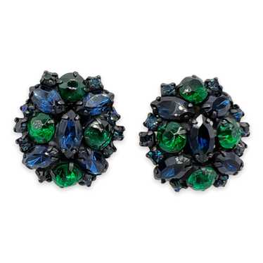 Vintage Japanned Blue and Green Rhinestone Clip E… - image 1