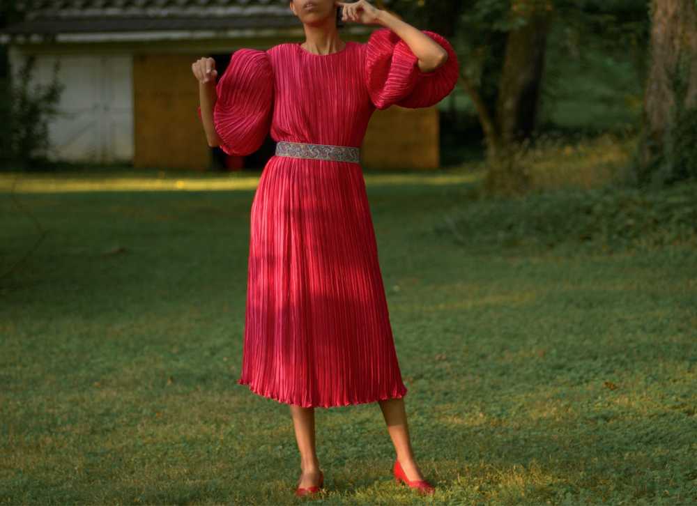 1980s George F Couture raspberry plissé pleat bal… - image 7