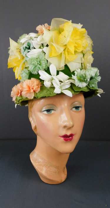 Vintage Yellow Floral Hat Tall 1960s Evelyn Varon,