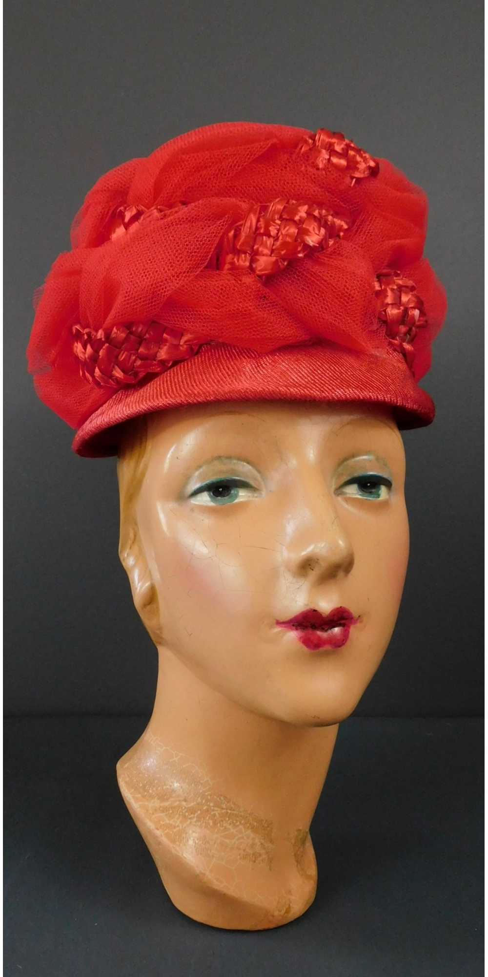 Vintage Red Tulle and Straw Raffia Hat 1960s, 21 … - image 1