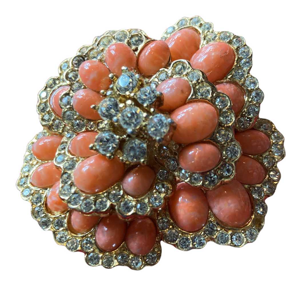 Vintage Signed Ciner Flower Brooch,Coral Cabachon… - image 1