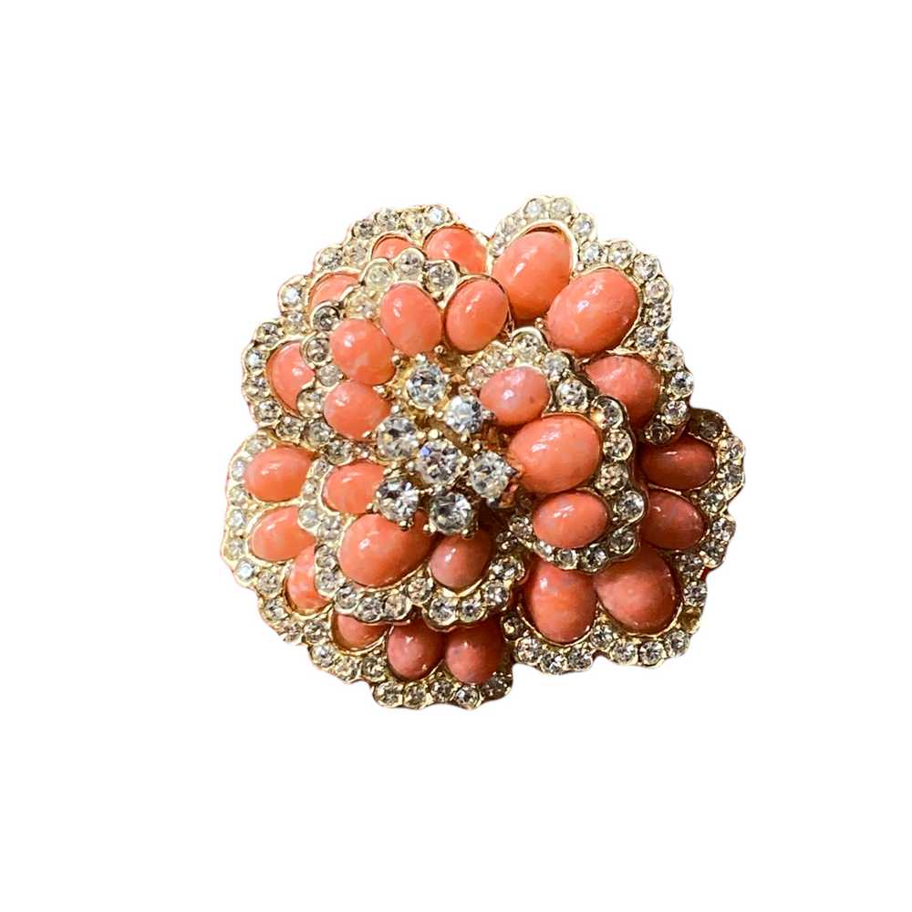 Vintage Signed Ciner Flower Brooch,Coral Cabachon… - image 2