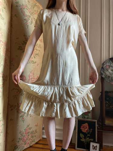 1920s Cream Silk Ruffle Dress Tie Back Light Beige - image 1