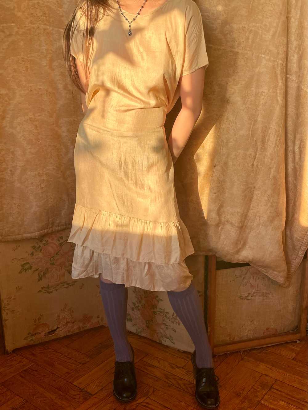 1920s Cream Silk Ruffle Dress Tie Back Light Beige - image 3