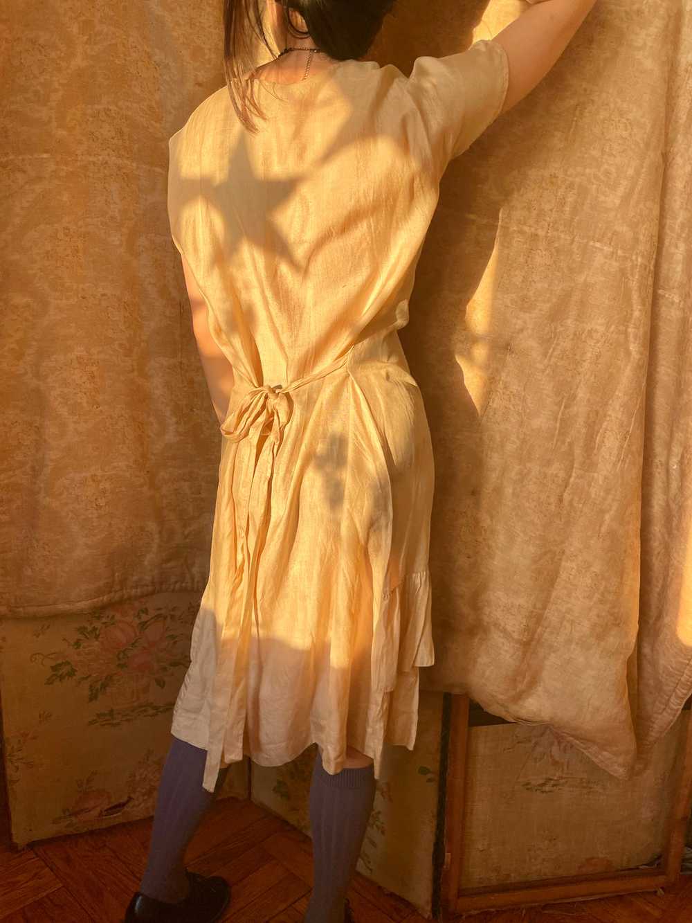 1920s Cream Silk Ruffle Dress Tie Back Light Beige - image 4