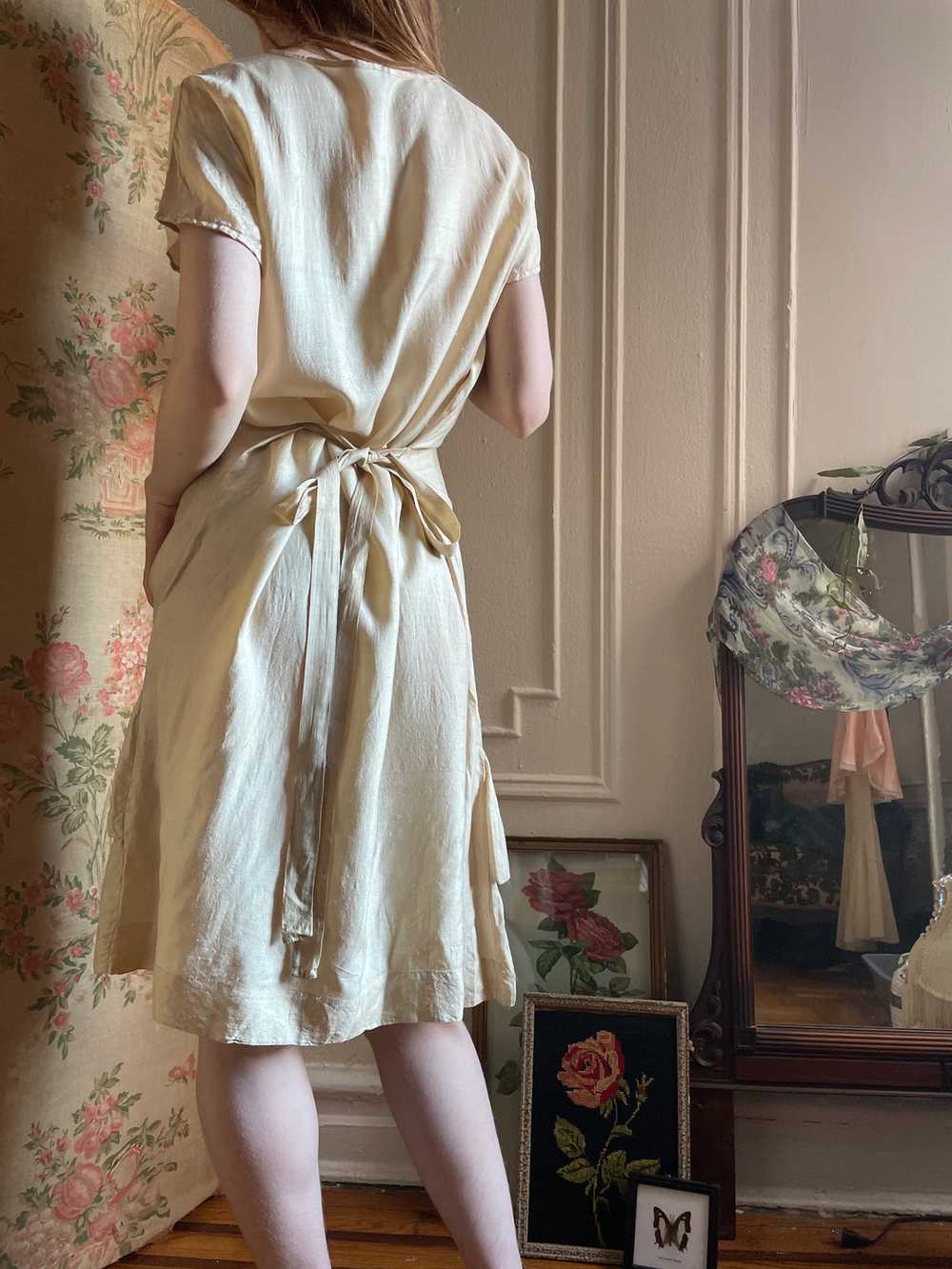 1920s Cream Silk Ruffle Dress Tie Back Light Beige - image 5