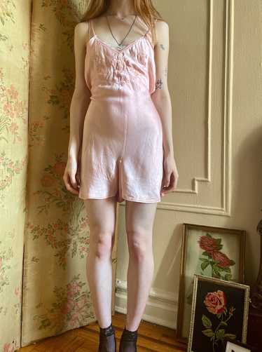 1930s Pink Silk Satin Floral Embroidery Teddy Play