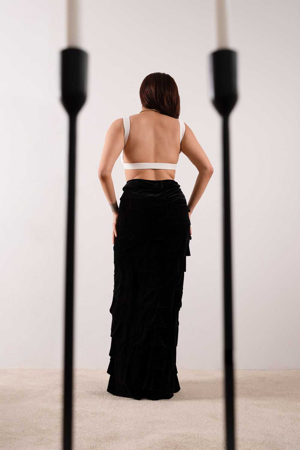 Black Velvet Tiered Maxi Skirt / Size 8 - image 3