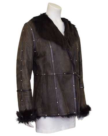 Balmain Brown Leather and Fur Coat with Rhinestone