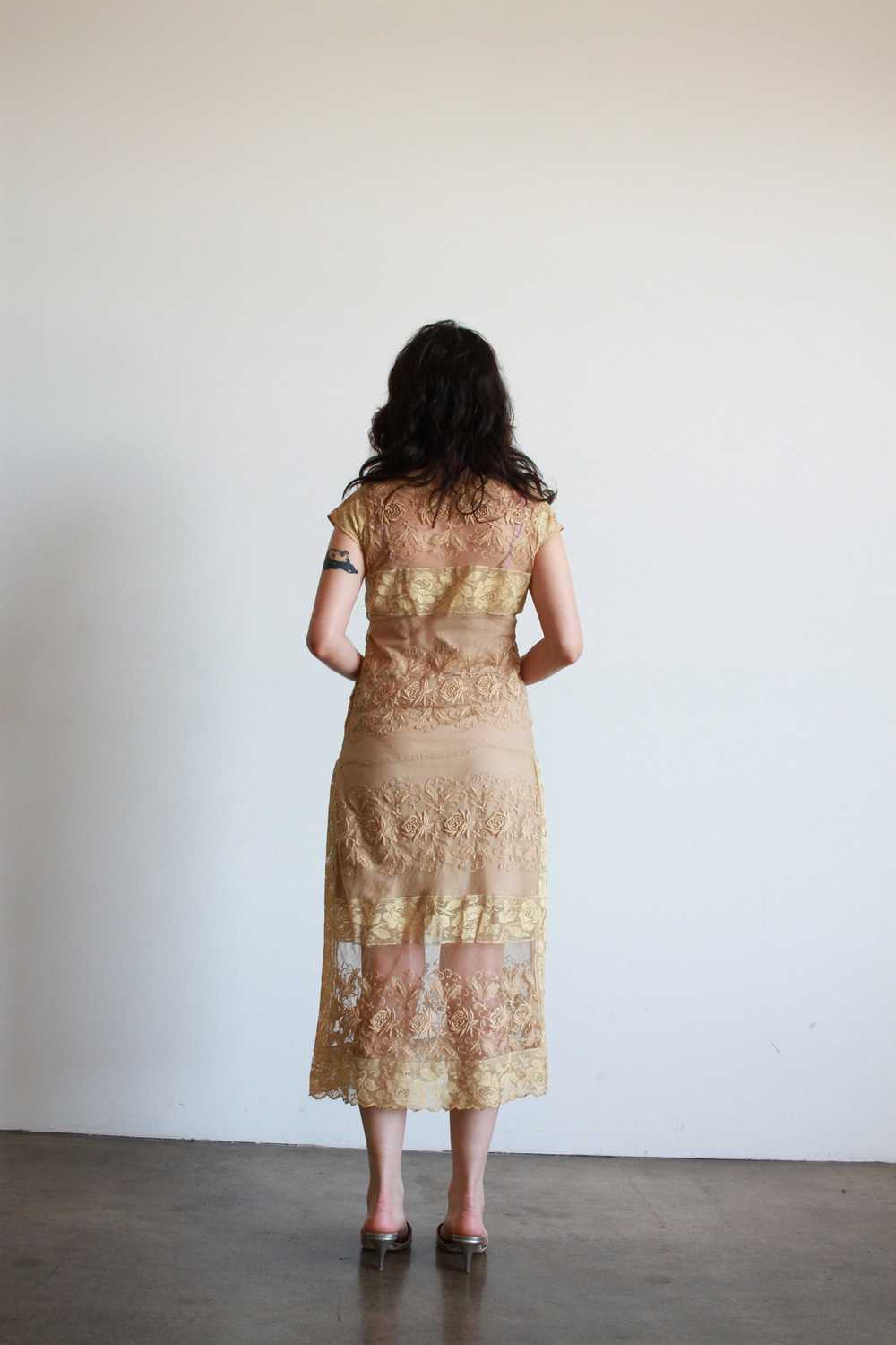 1920s Beige Filet Lace Embroidered Midi Dress - image 10