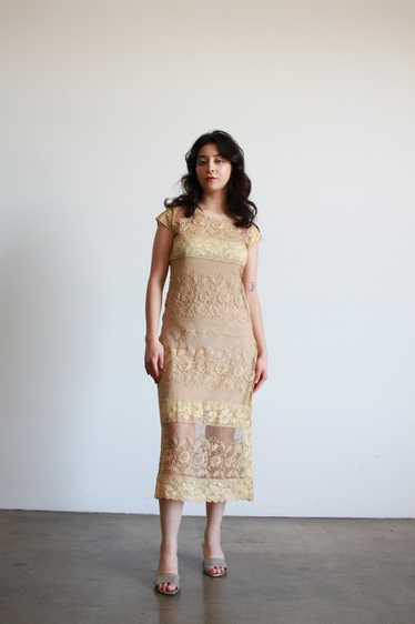 1920s Beige Filet Lace Embroidered Midi Dress - image 1