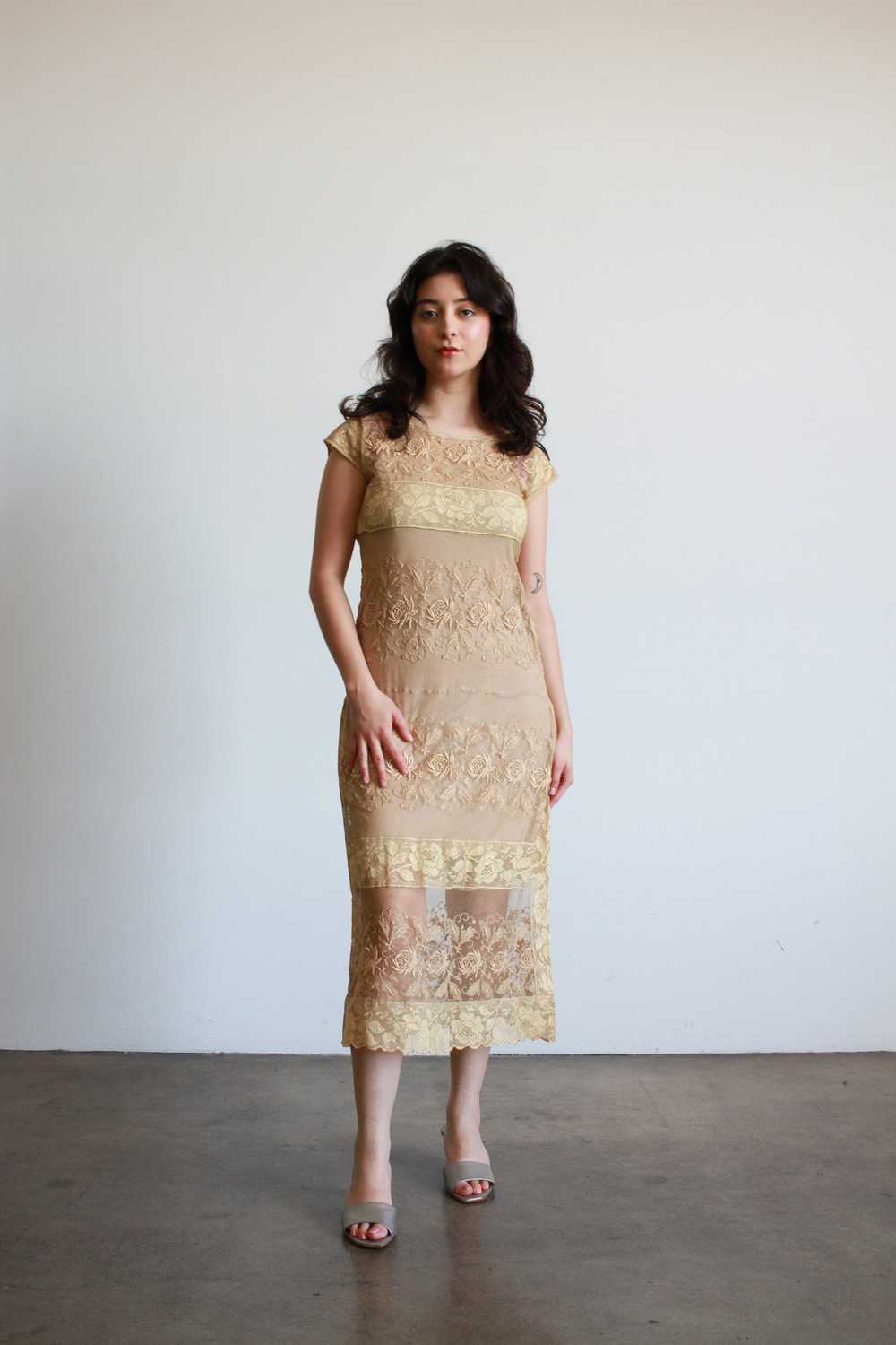 1920s Beige Filet Lace Embroidered Midi Dress - image 2