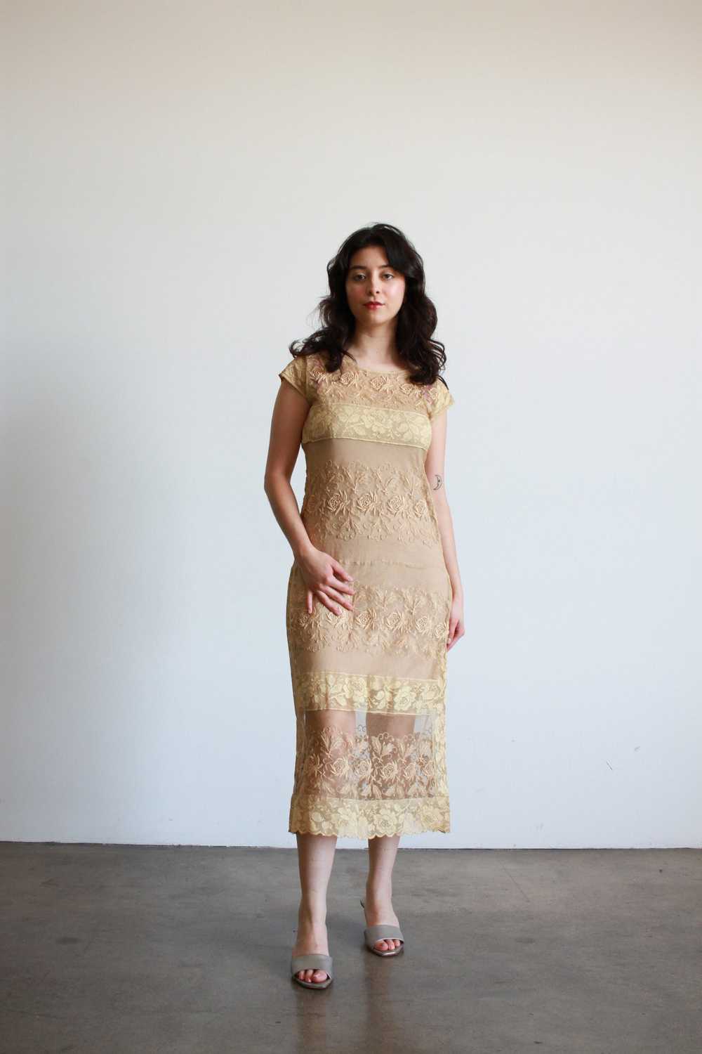 1920s Beige Filet Lace Embroidered Midi Dress - image 3