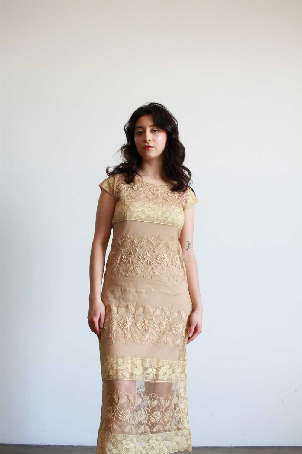 1920s Beige Filet Lace Embroidered Midi Dress - image 4