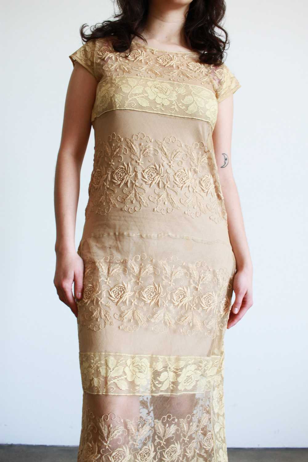 1920s Beige Filet Lace Embroidered Midi Dress - image 5