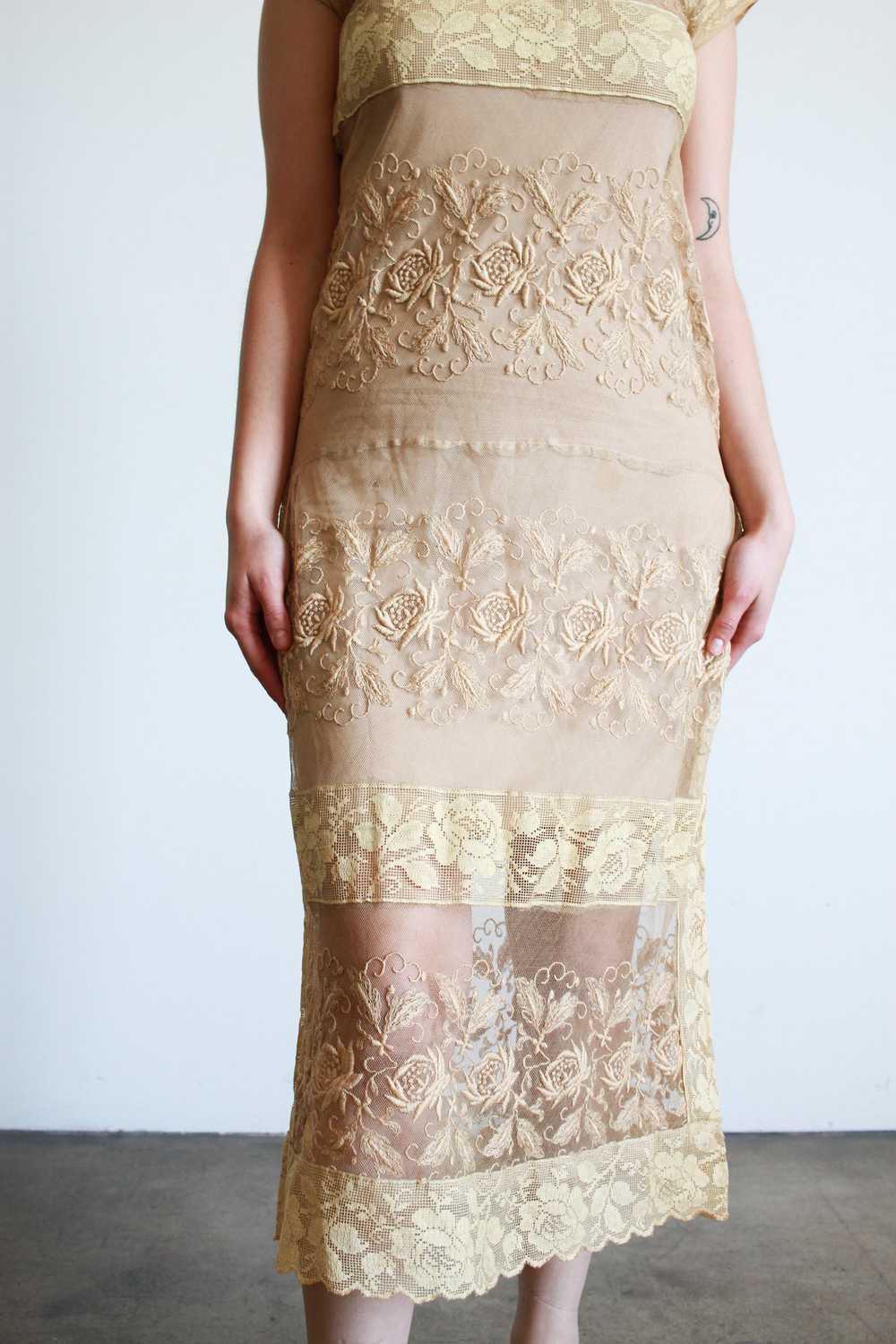 1920s Beige Filet Lace Embroidered Midi Dress - image 6