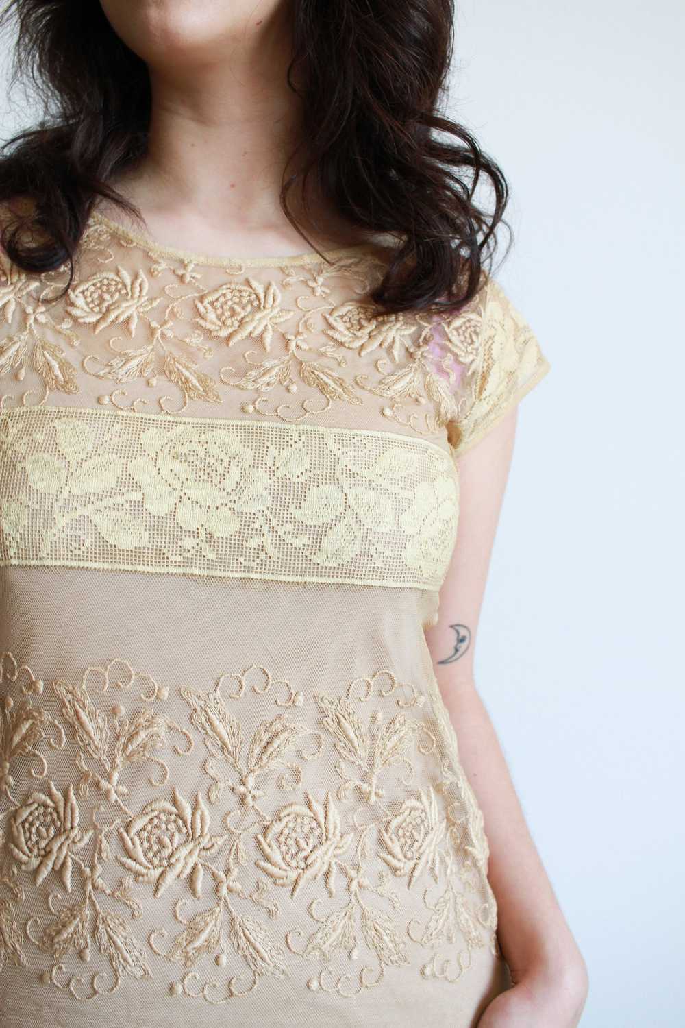 1920s Beige Filet Lace Embroidered Midi Dress - image 7