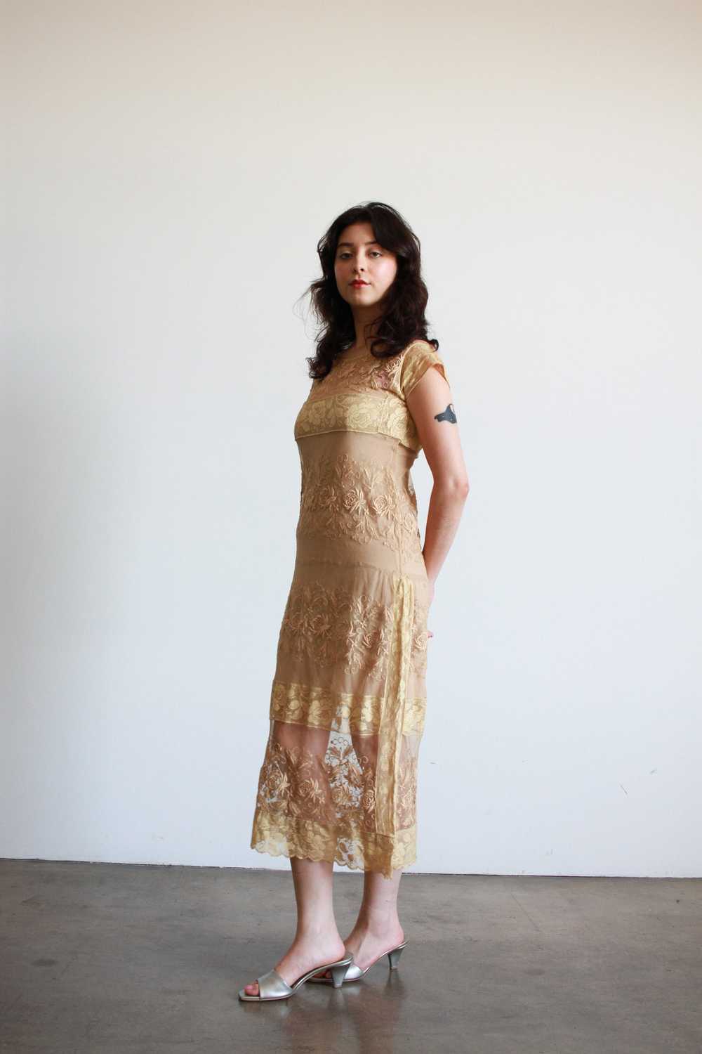 1920s Beige Filet Lace Embroidered Midi Dress - image 9