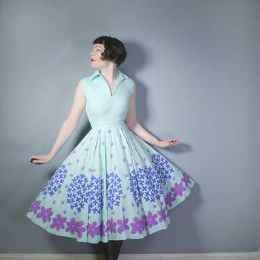 50s FLORAL BORDER PRINT MINT COLOURED COTTON CIRC… - image 1