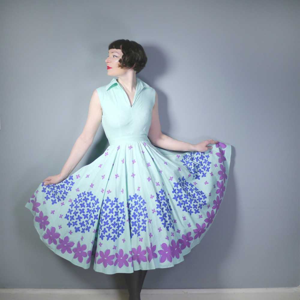 50s FLORAL BORDER PRINT MINT COLOURED COTTON CIRC… - image 3