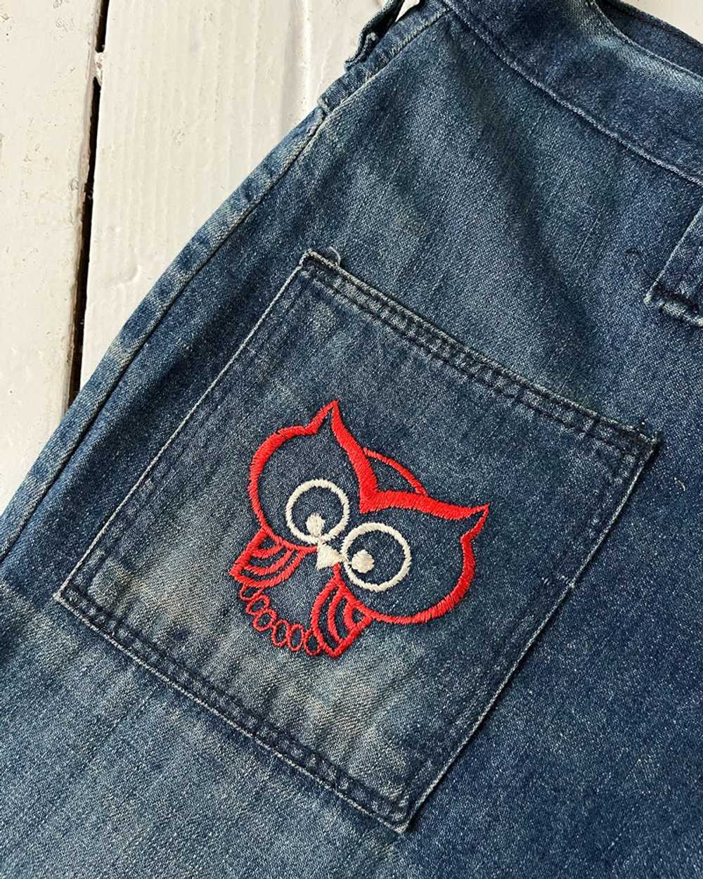 60s Embroidered Owls Bellbottom Jeans - image 4