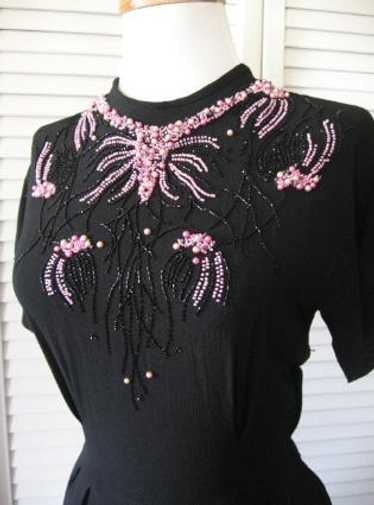 40s Vintage Women's Black Cocktail Dress Pink Bead