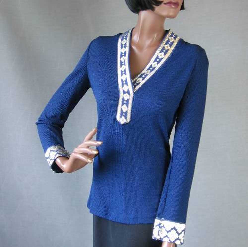 60 70s Tina Leser Top Vintage Bohemian Knit Shirt… - image 2