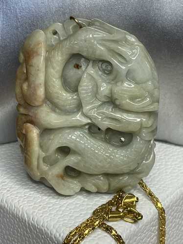 Vintage White carved jade dragon pendant with nec… - image 1