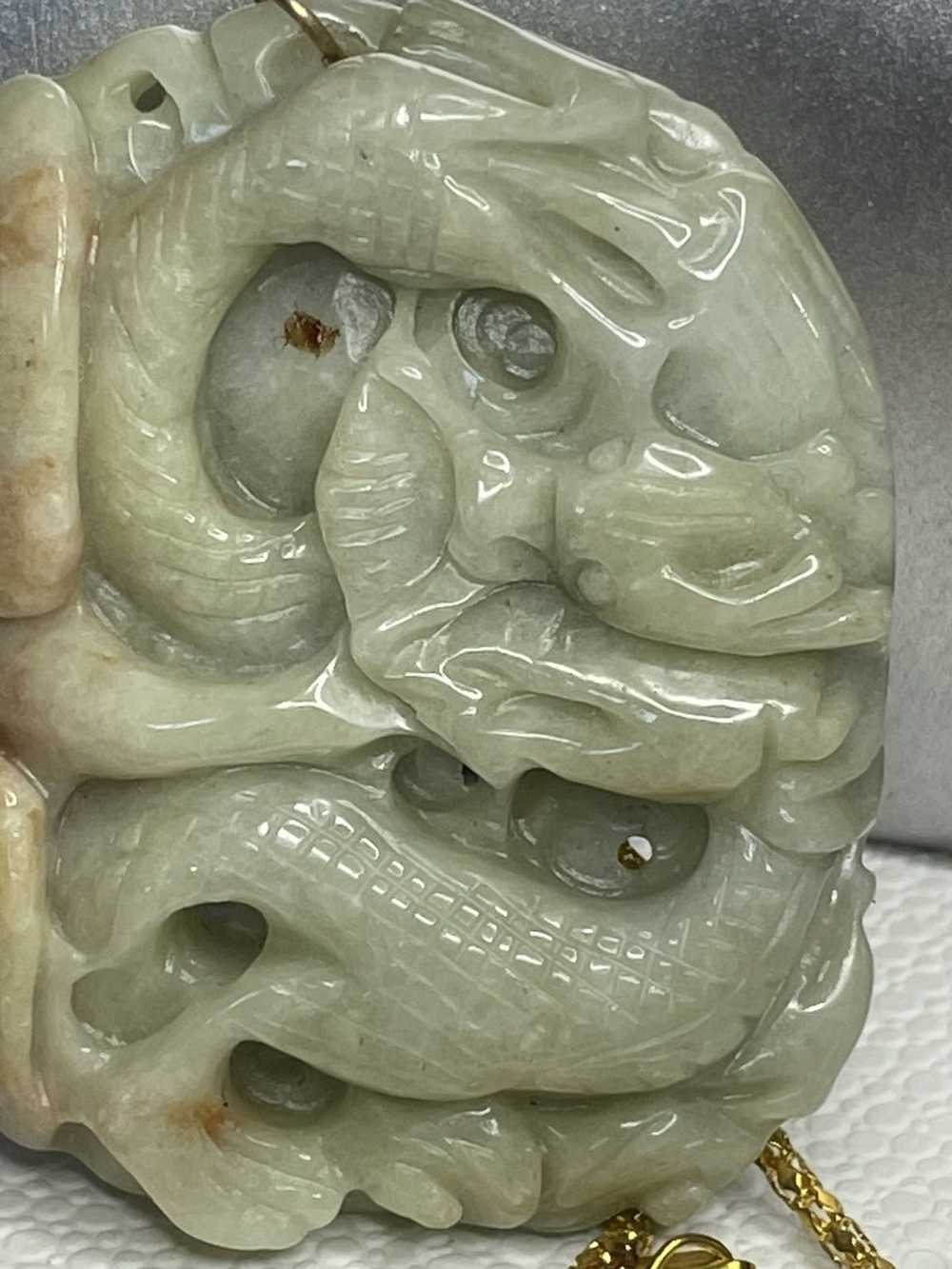 Vintage White carved jade dragon pendant with nec… - image 2