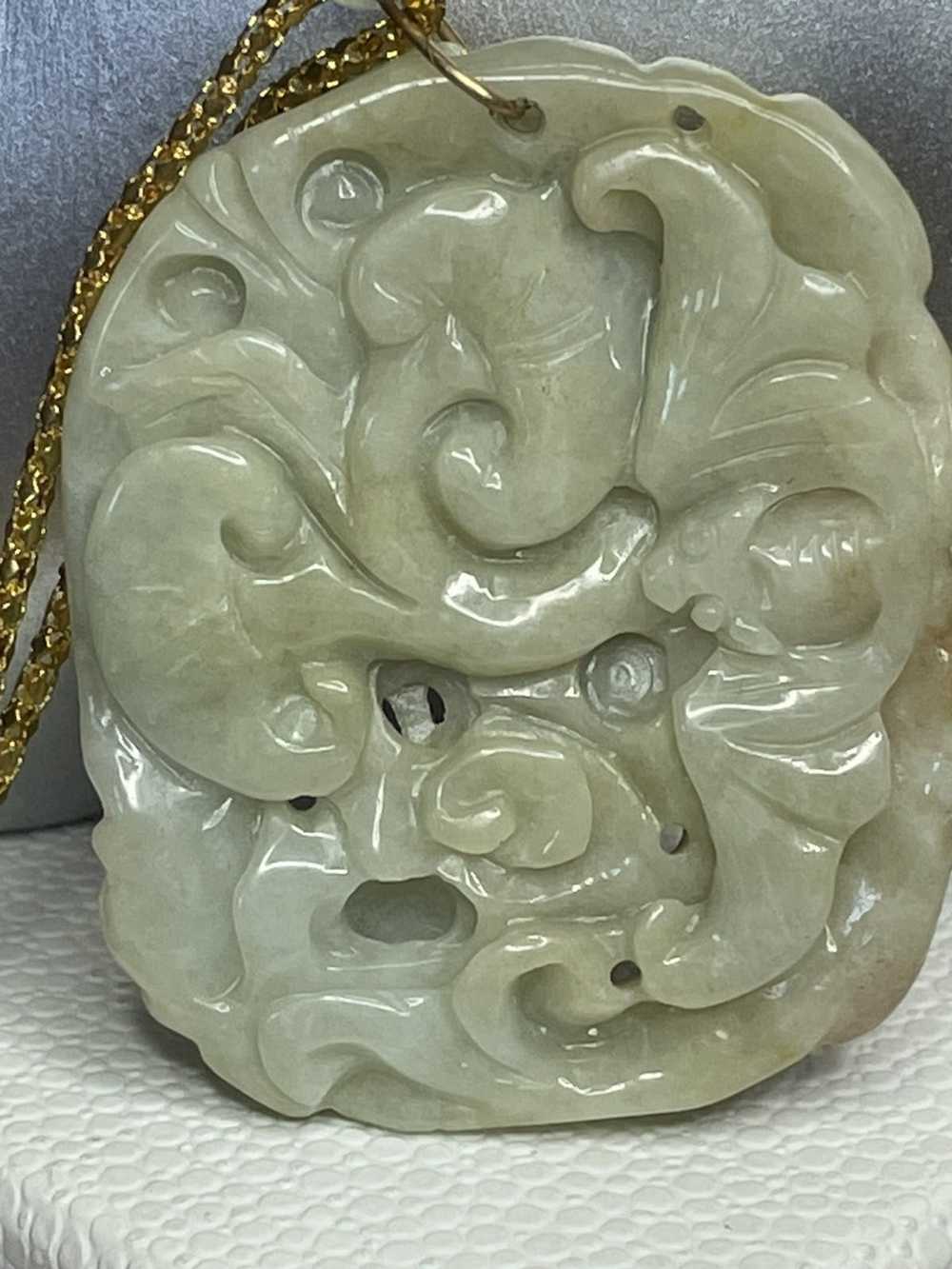 Vintage White carved jade dragon pendant with nec… - image 3