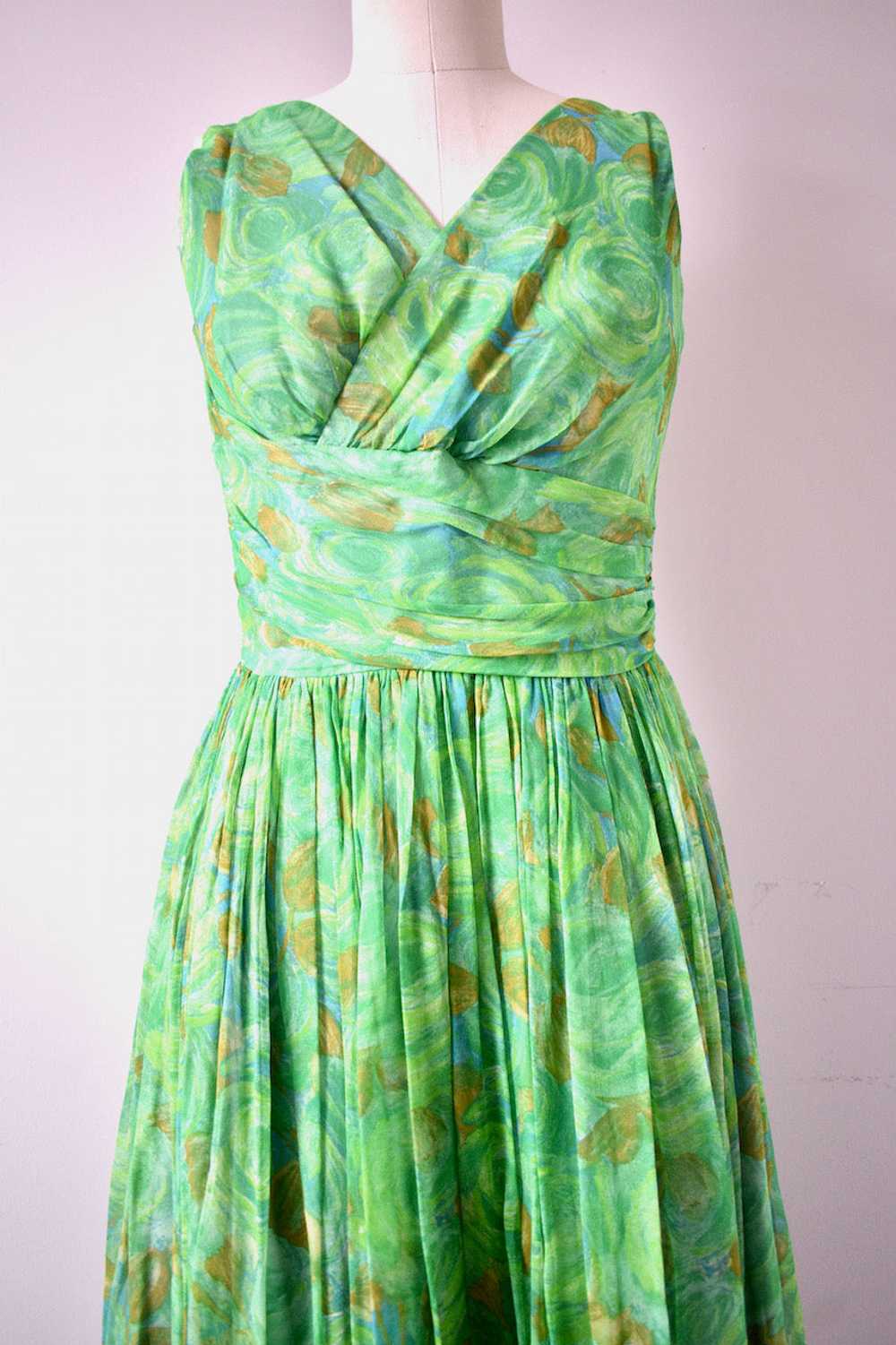 1950s Green Floral Chiffon Dress - image 2