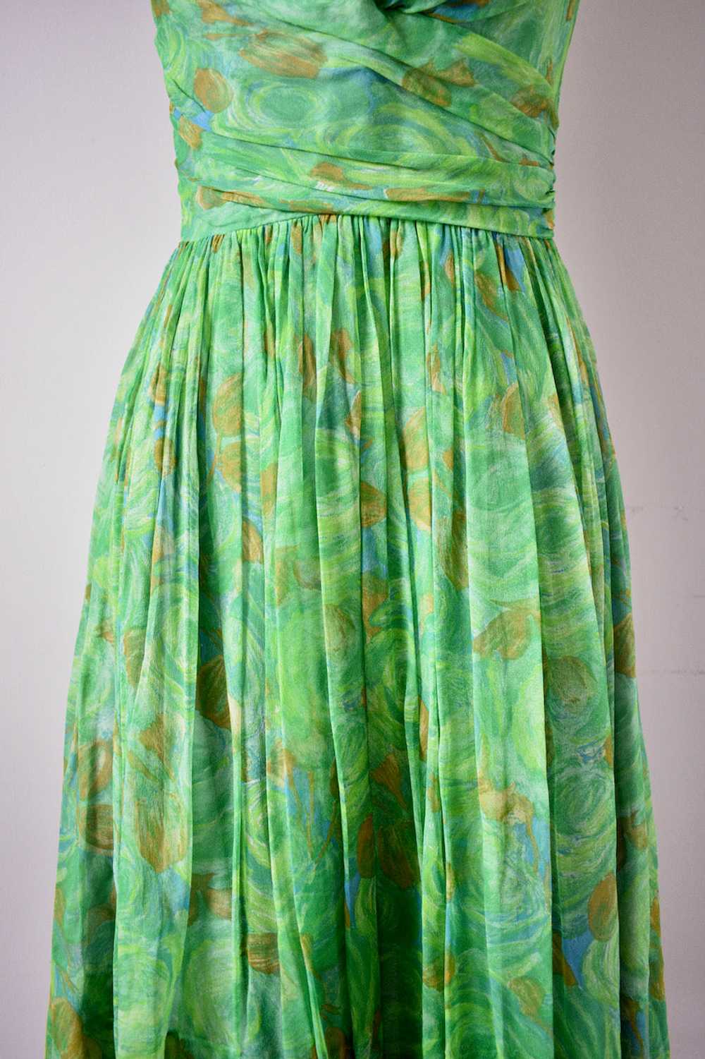 1950s Green Floral Chiffon Dress - image 3