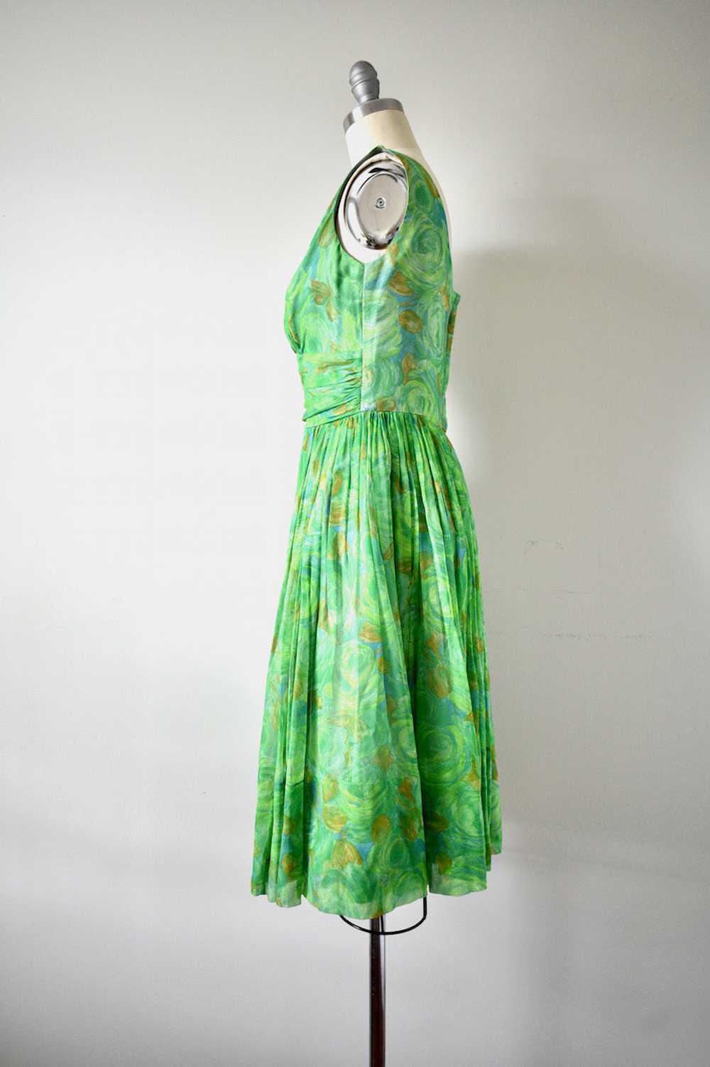 1950s Green Floral Chiffon Dress - image 5
