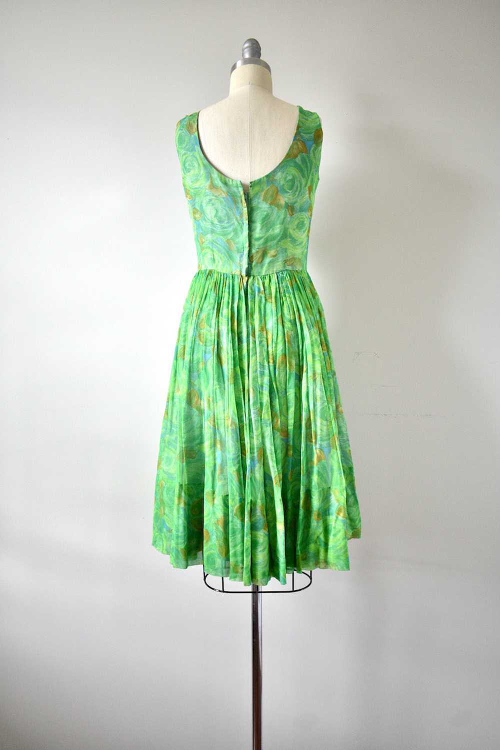1950s Green Floral Chiffon Dress - image 6