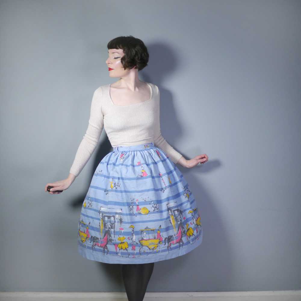 50s BLUE STRIPED NOVELTY COTTON FULL SKIRT WITH H… - image 1
