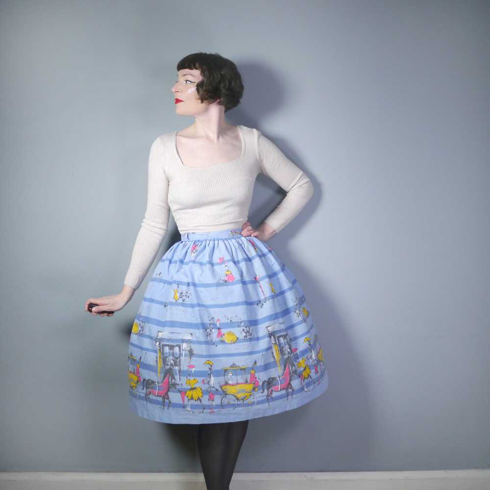 50s BLUE STRIPED NOVELTY COTTON FULL SKIRT WITH H… - image 2