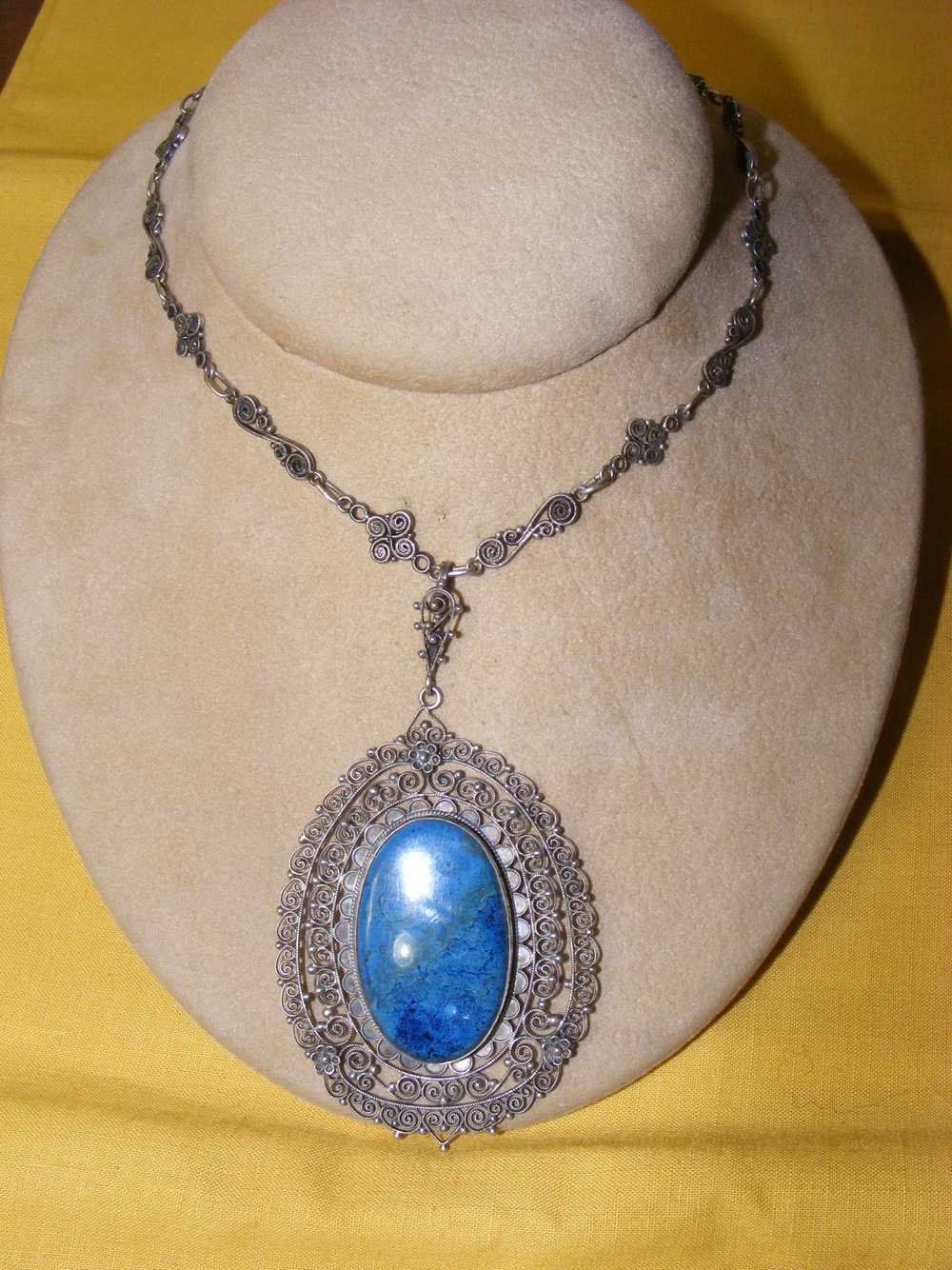 30s Large Silver Filigree Lapis Pendant - image 1