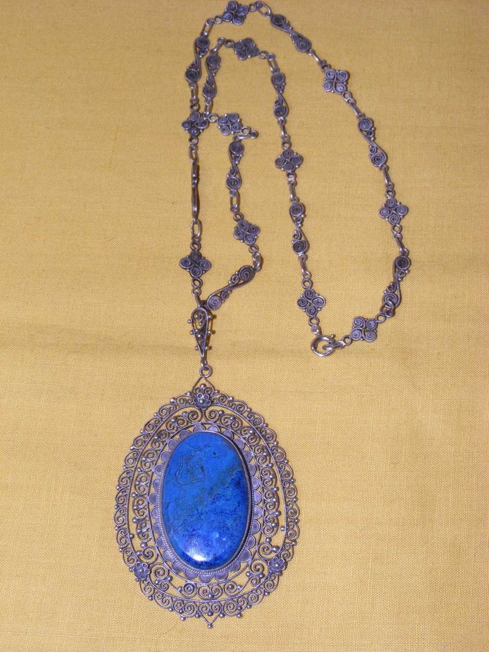 30s Large Silver Filigree Lapis Pendant - image 2