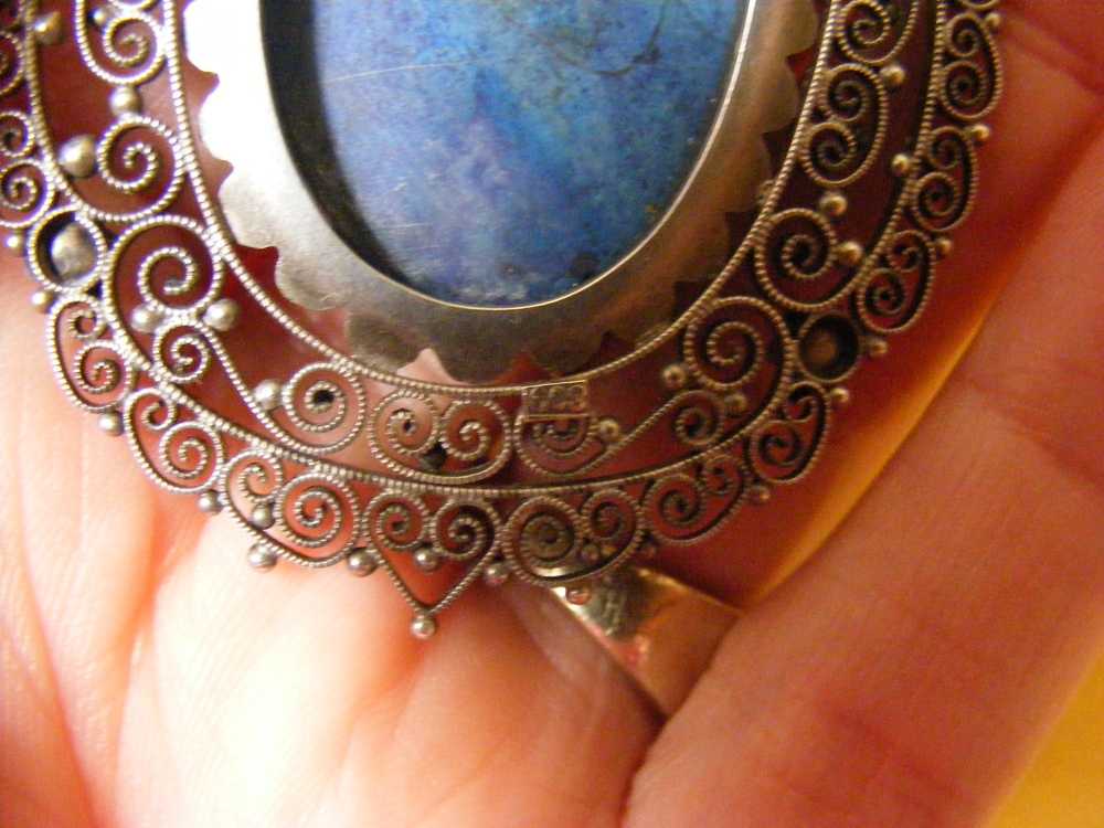 30s Large Silver Filigree Lapis Pendant - image 5